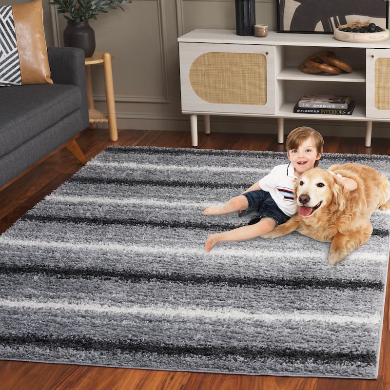 SAFAVIEH Border & Stripe Shag Hammy Modern 1.4-inch Thick - 2'2" x 8' Runner