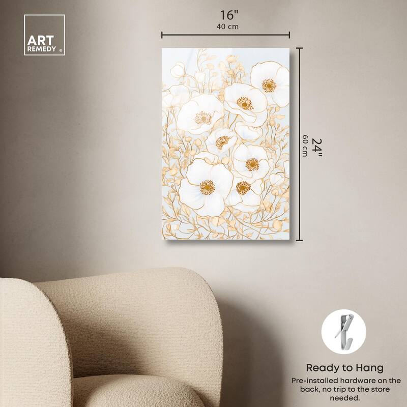 White and Gold Poppies I Acrylic by Art Remedy, Ready to Hang