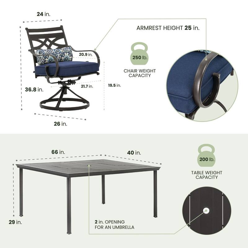 Hanover Montclair 7-Piece Dining Set in Navy Blue with 6 Swivel Rockers - N/A