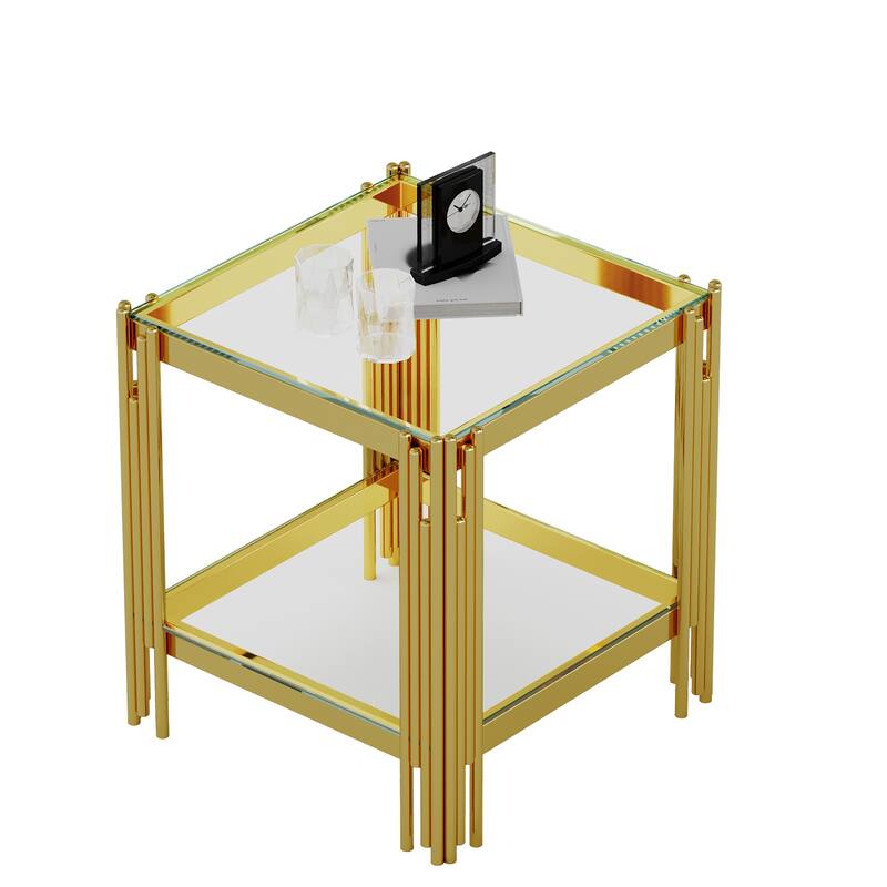 Top and Bottom Double Layer Tempered Glass End Table and Mirror Finished Stainless Steel Frame - Clear