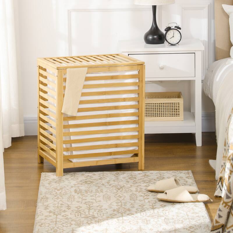 Laundry Hamper with Lid, 53L Bamboo Laundry Basket Clothes Divider Laundry Sorter with Removable Liner Bag (Natural)