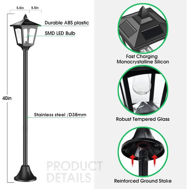 2 Pack 40" Solar Lamp Post Lights IP65 Waterproof LED Outdoor Pole Lighting - Black