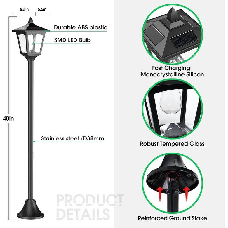 2 Pack 40-Inch Solar Lamp Post Lights Outdoor IP65 Waterproof LED Yard Lights - Black