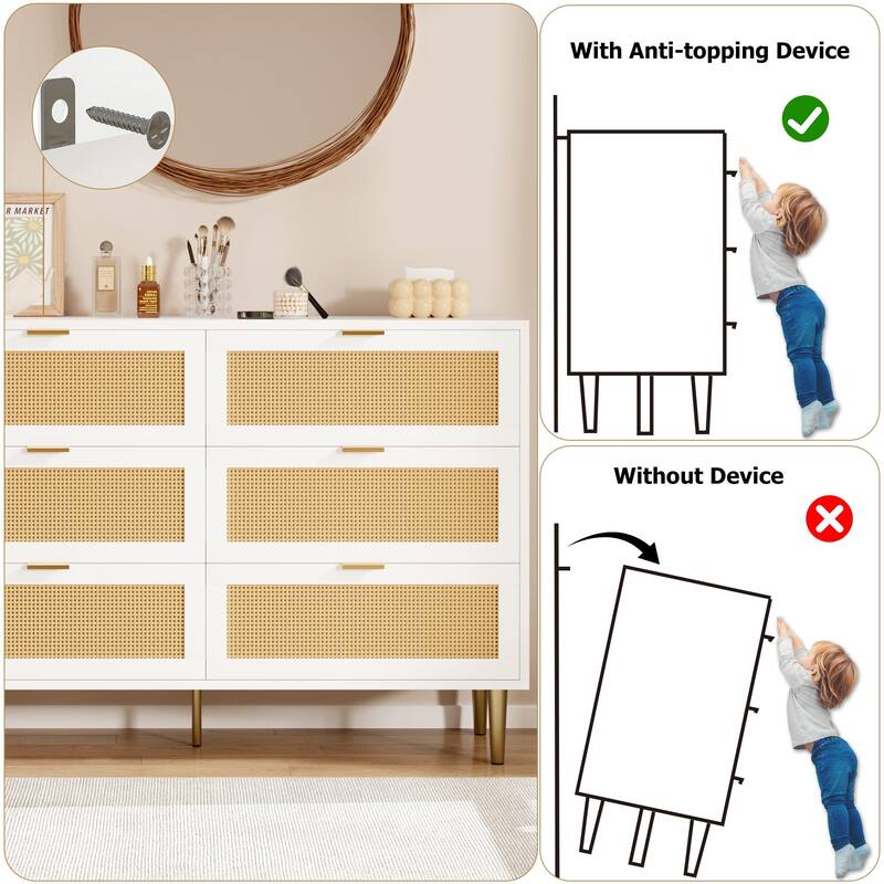 6 Drawer Rattan Dresser for Bedroom, Wide Double Dresser Chest of Drawers