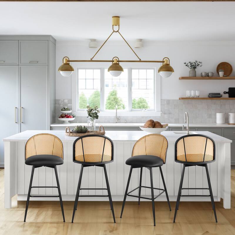Upholstered Swivel Counter/ Bar Stools with Rattan Back - Set of 4 - Leather-Black - Bar Height