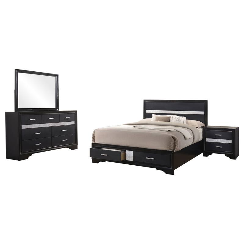 Vino Black 4 Piece King Bed Set with Storage, Dressers, Glitter Accent