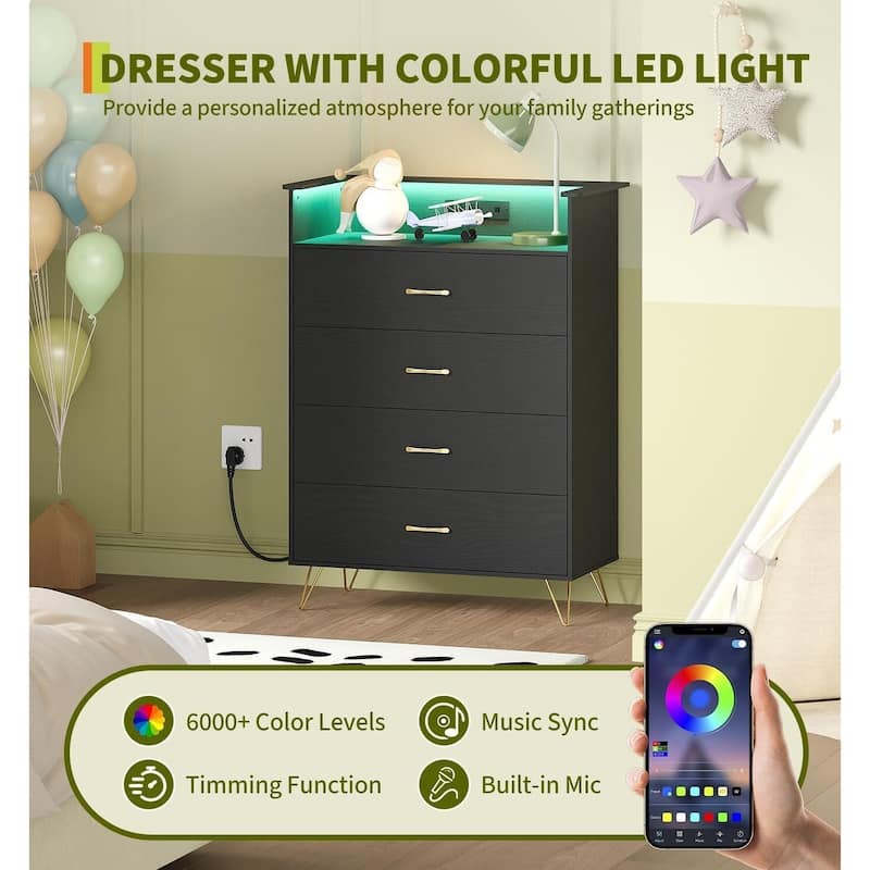 4-Drawer Dresser for Bedroom with Charging Station & RGB Lights