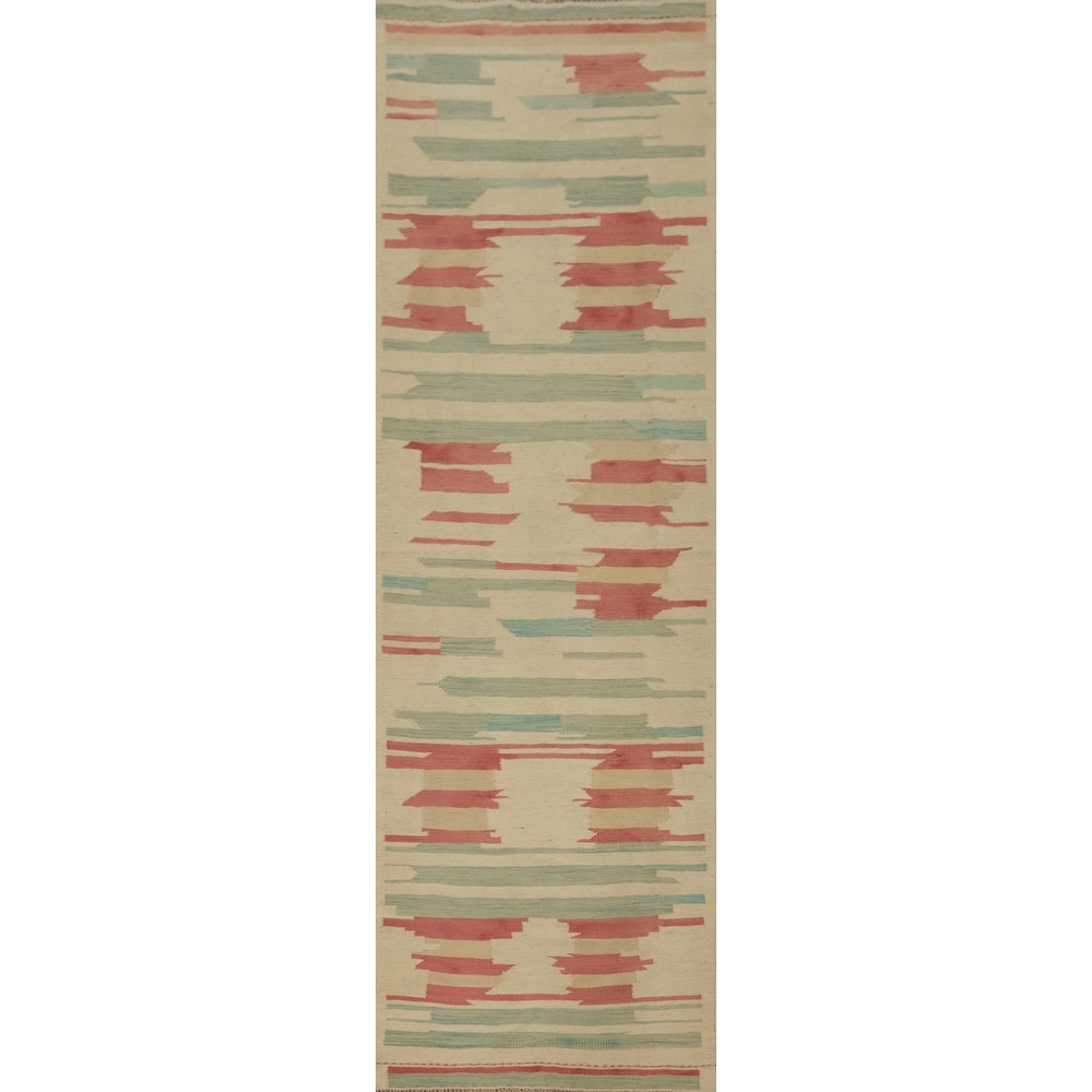 Hand Woven Oriental 100% Wool Carpet Southwestern Geometric Beige & Ivories Kilim Runner Rug - 9' 7'' X 2' 4''