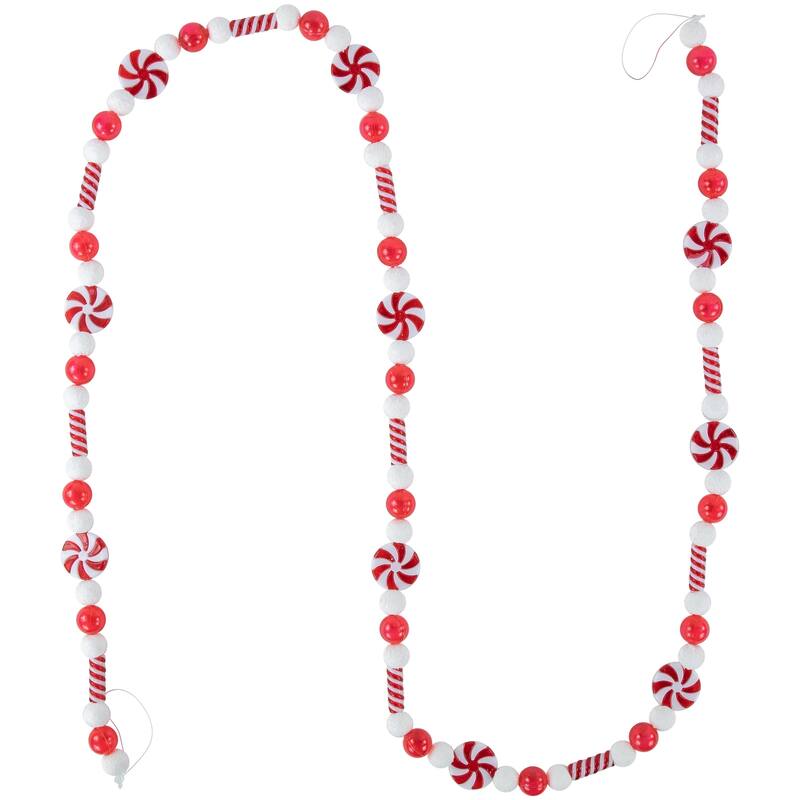 6' Red and White Beaded Peppermint Candy Christmas Garland Unlit