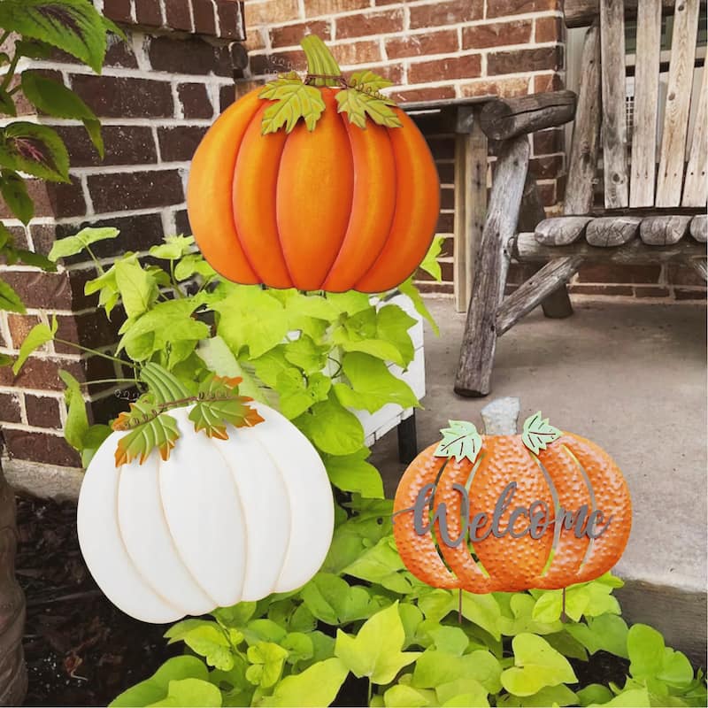 Glitzhome Fall Oversized Metal Pumpkin Yard Stake / Wall Decor / Standing Sign (3 Functions)