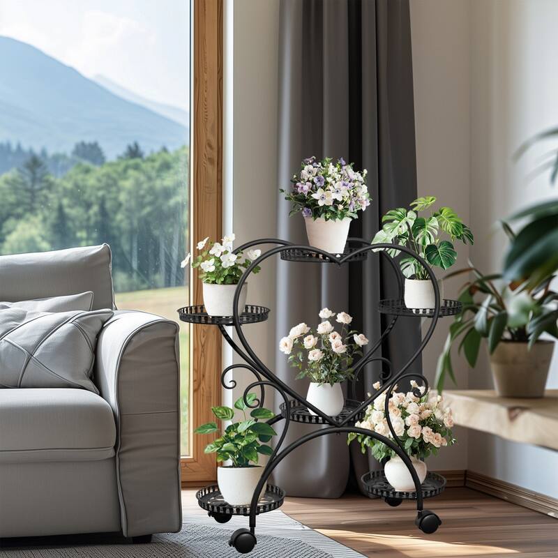 6 Potted Heart Shape Metal Plant Stand Rolling Flower Pot Organizer Display Rack