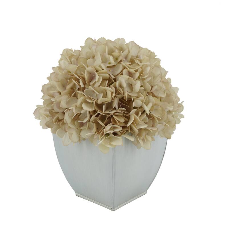 Faux Hydrangea in Cream Tapered Zinc Cube - Antique Ecru