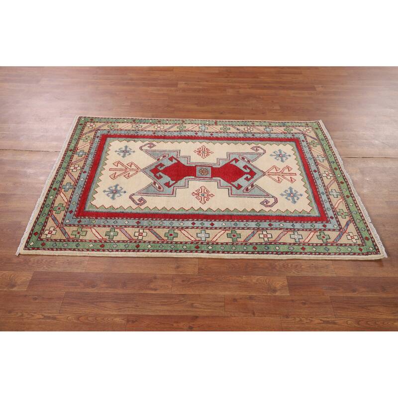 Ivory Kazak Accent Rug Handmade Wool Carpet - 3'4" x 5'0"