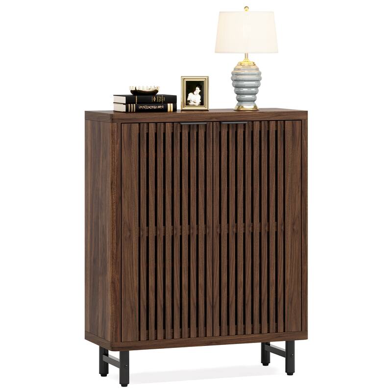 Wooden Shoe Cabinet with Shutter Doors, Adjustable Shelves Large Hidden Storage Organizer Rack for Entryway Hallway