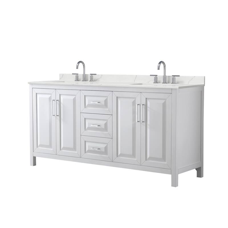Daria 72-inch Double Vanity, 3 Hole Quartz Top - White, Chrome Trim, Giotto Quartz Top