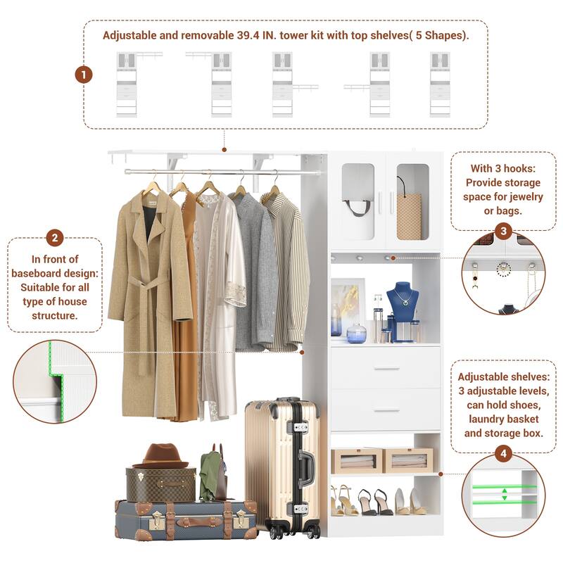 Rackcog Closet System with Doors and Drawers, Storage Organizer with DIY Shelving for Walk-in Closet