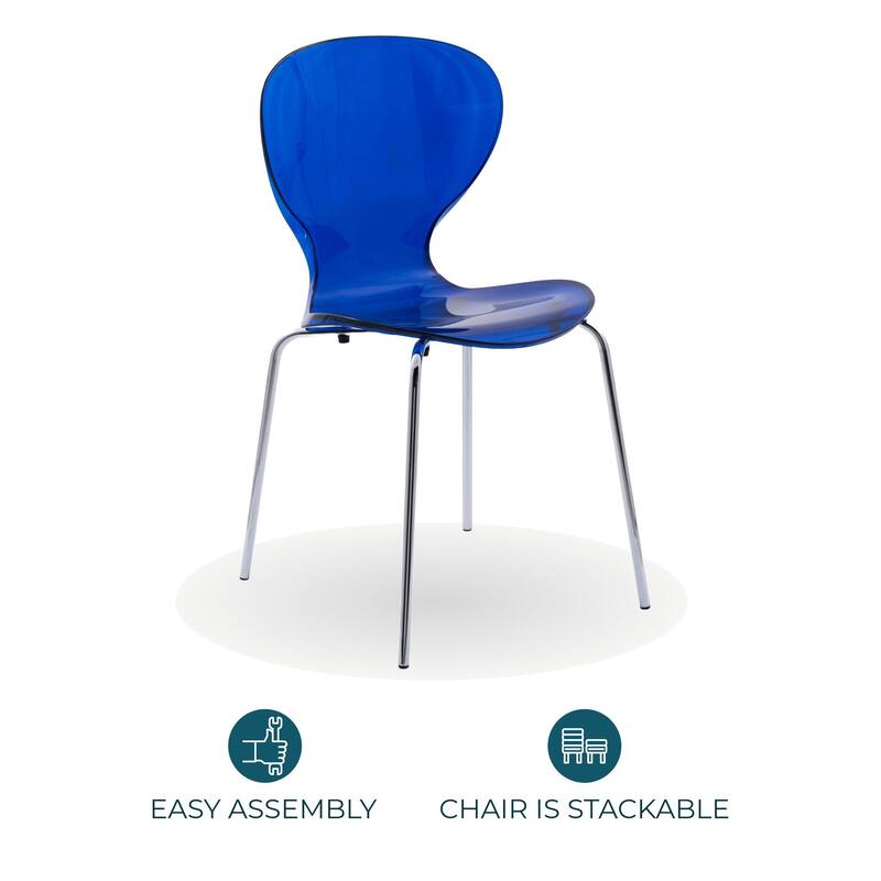 Oyster Modern Ergonomic Transparent Stackable Dining Side Chair with Chrome Steel Legs, Rounded Seat Edge for Indoor Outdoor Use