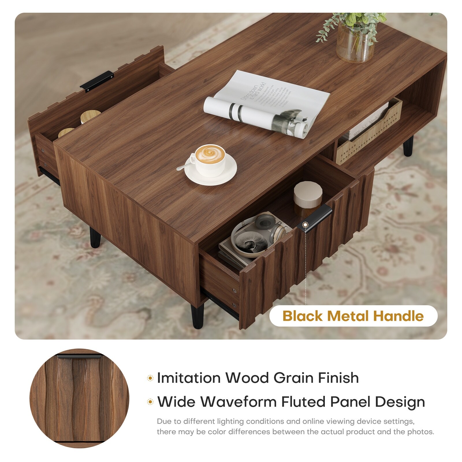 2-Drawer Mid-Century Modern Rectangular Coffee Table with Storage