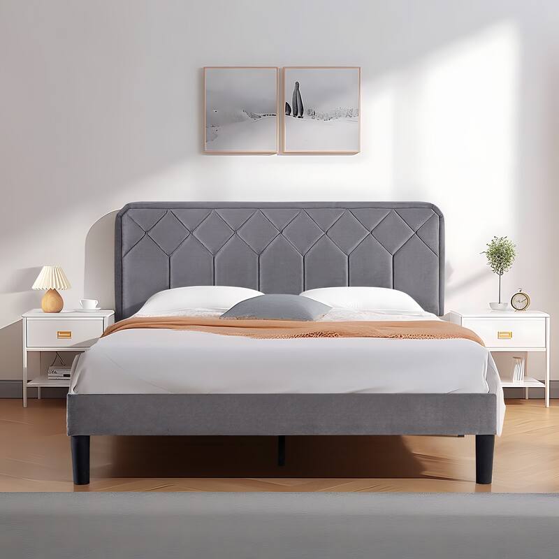 Upholstered Platform Bed Frame with Modern Adjustable Headboard, No Box Spring Needed