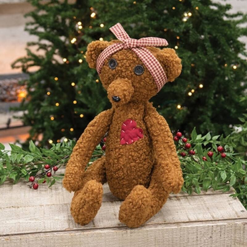 Warm Brown Fabric Stuffed Heart Patch Teddy Bear with Movable Limbs and Bow - 7 x 4 x 16 in