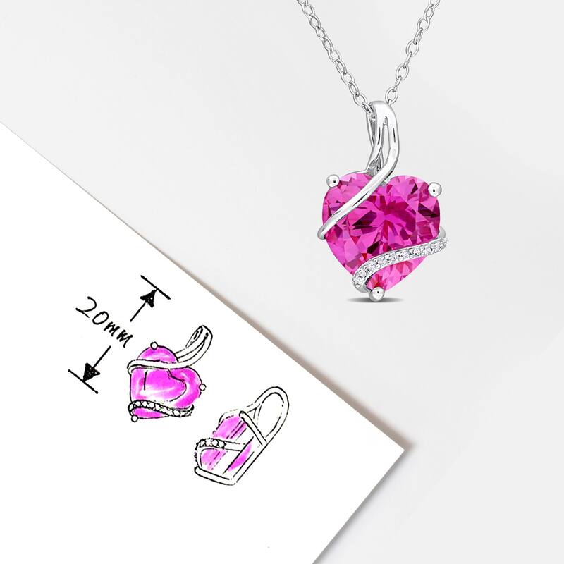 Miadora 7 1/4 CT TGW Created Pink Sapphire and Diamond Accent Heart Necklace in Sterling Silver