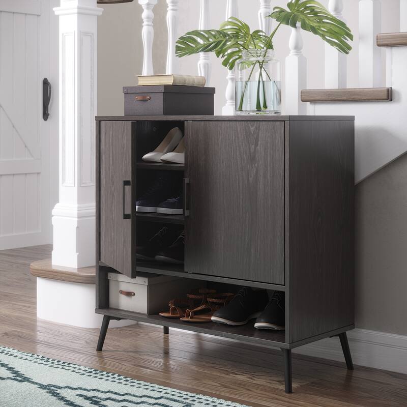RiverRidge Woodbury Shoe Cabinet with 12-Pair Rack, Entryway Storage with Open & Adjustable Shelves - Weathered Woodgrain - Brown