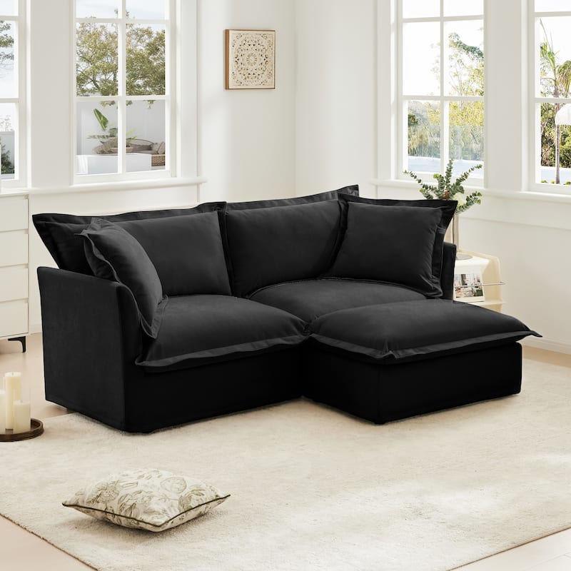 Chenille 2-Seater Sectional Sofa Set with Ottoman, 83.4" Flared Arm Loveseat Couch with Removable Covers for Living Room