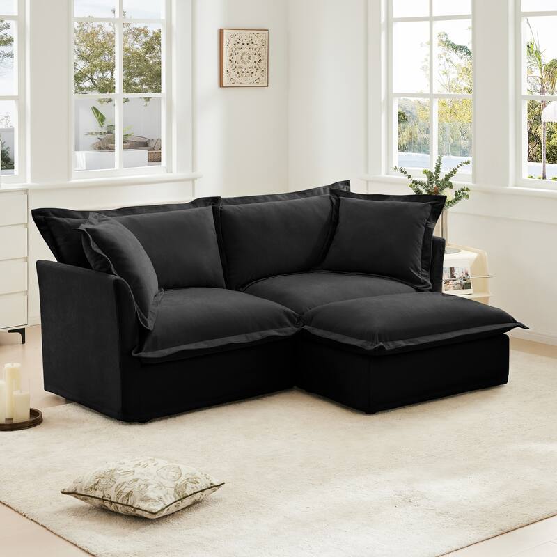 Slipcovered Sectional 2 Seater Sofa Couch with Convertible Ottoman, Wide and Deep Seat L Shaped Sofa