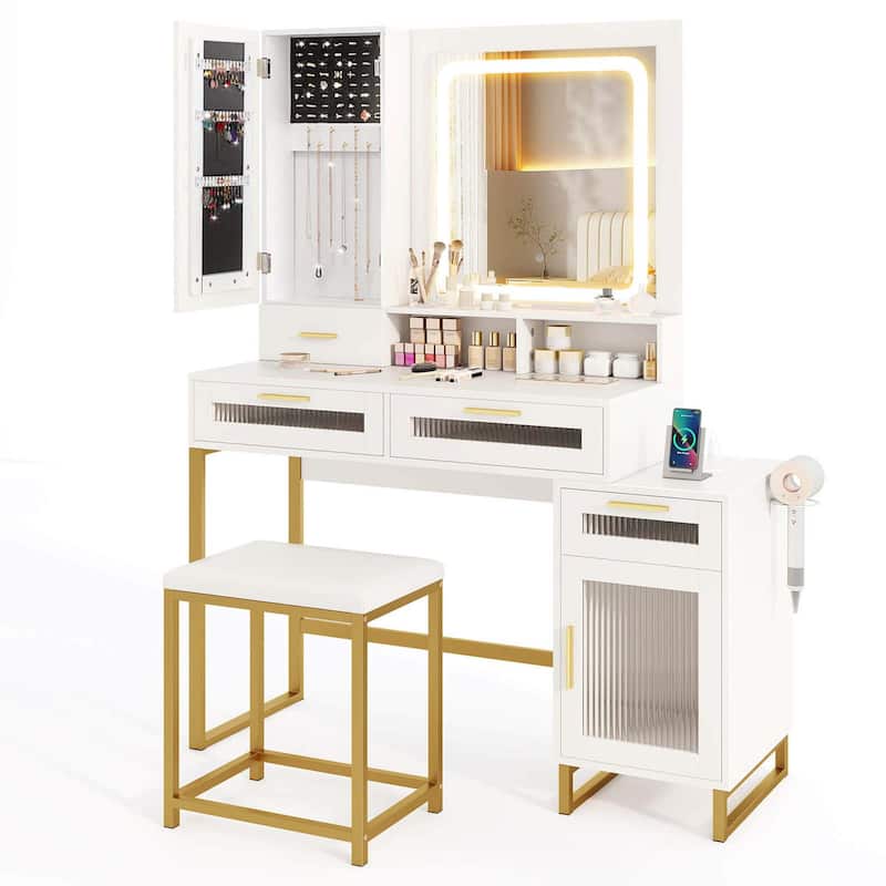 Vanity Desk Modern Vanity Dressing Table w/Jewelry Organizer - White & Gold