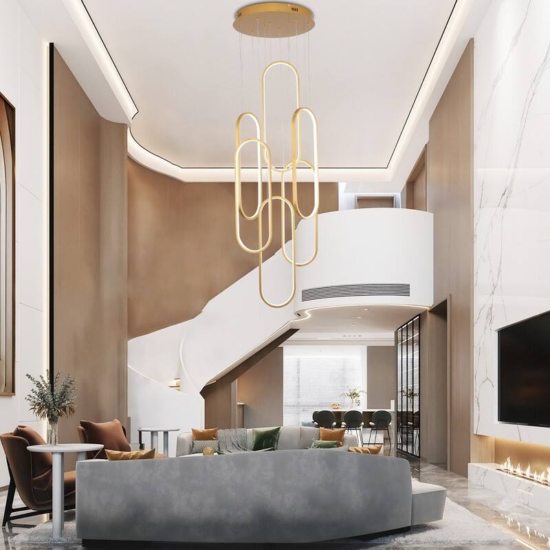 Modern LED Chandelier Large High Ceiling 6 Ring Dimmable Chandelier