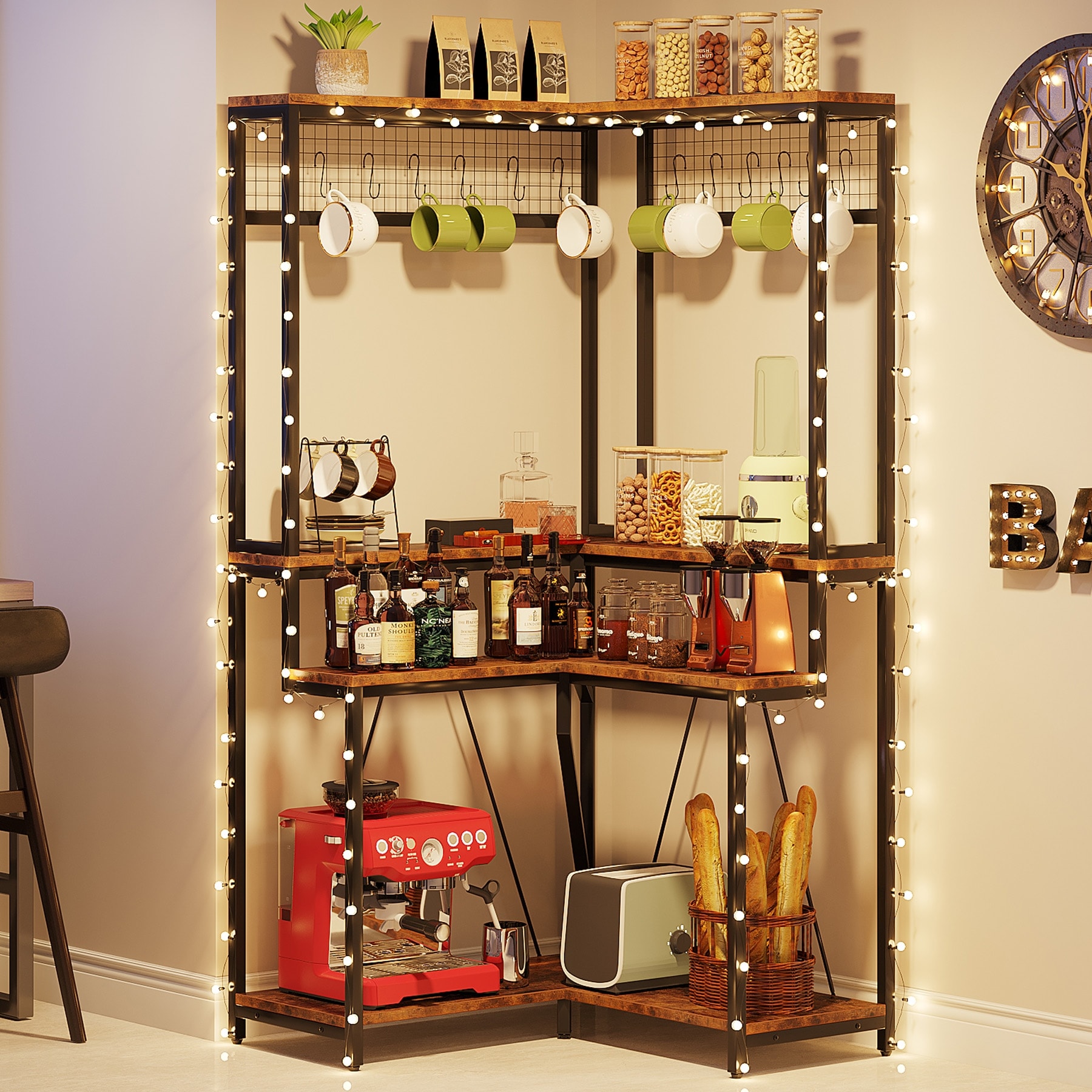 Industrial Corner Bakers Rack for Kitchen L Shaped Kitchen Storage Rack with Shelves 15 Hanging Hooks Bed Bath Beyond 37478795