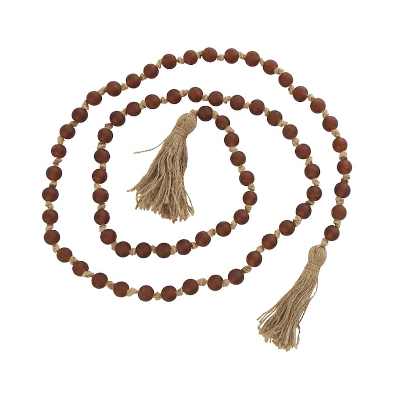 Glass Handmade Round Long Frosted Beaded Garland with Tassel with Knotted Brown Jute - Various Colors - Roche River Decor - Orange - Matte Finish