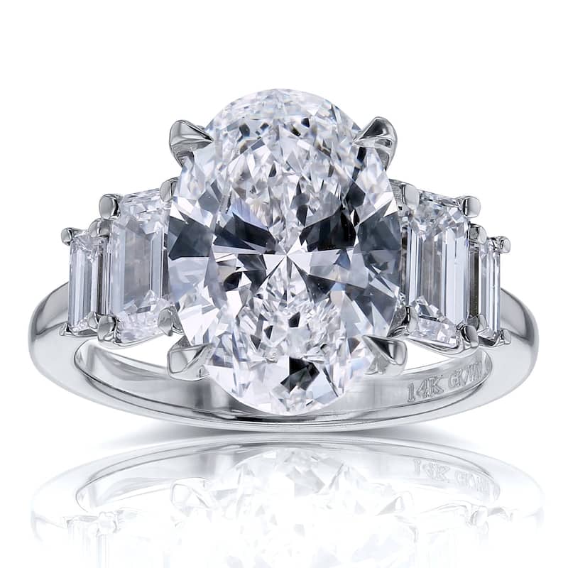 Kobelli 5.4 Carats Oval Emerald & Baguette Diamond 14k Solid Gold 5-Stone Heather Ring (EF/VS, Certified) - White - 5.5