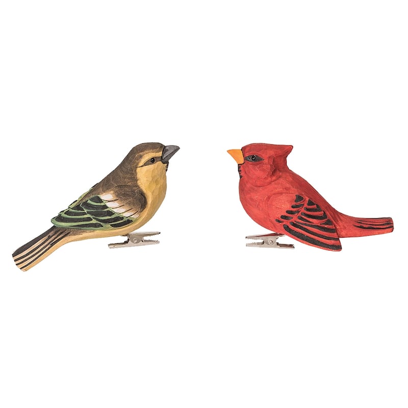 Wood Carved Bird Clip Ornament Set of 4 - 4.53" x 1.30" x 2.16"