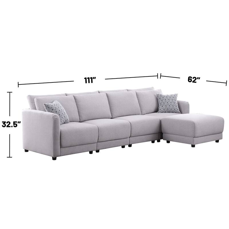 Linen Upholstered 4-Seater Sofa with Ottoman in Light Gray