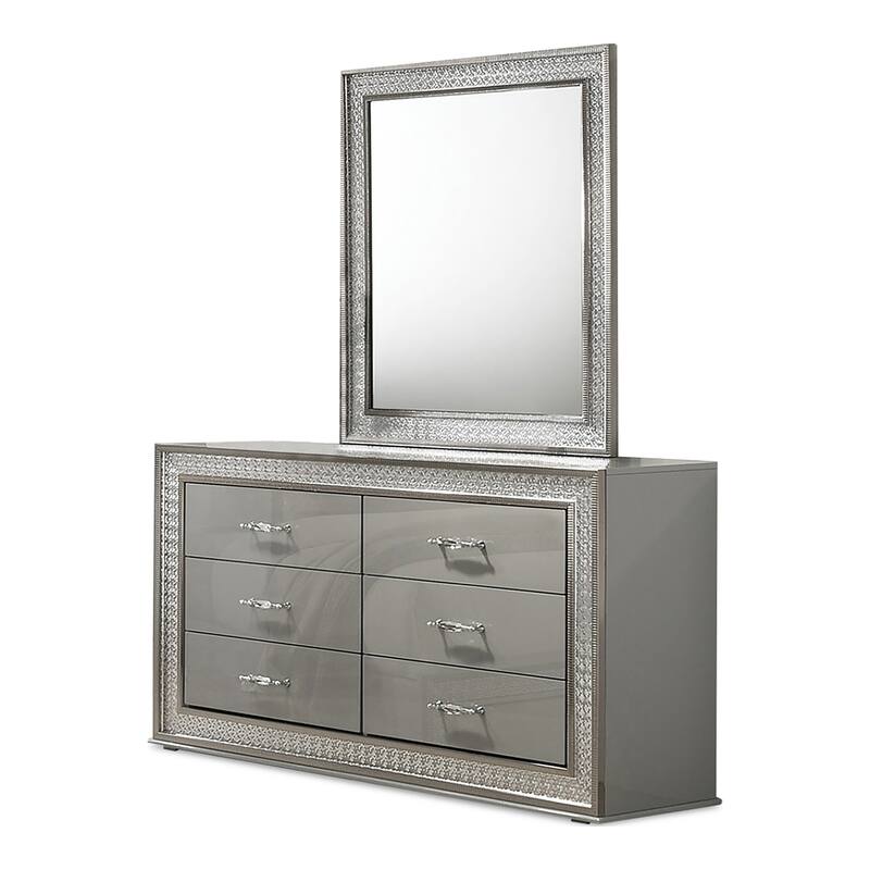 Furniture of America Rosdale Glam 5-Piece Metallic Grey Wood 7-Sided LED Headboard Platform Bedroom Set with Rectangular Mirror