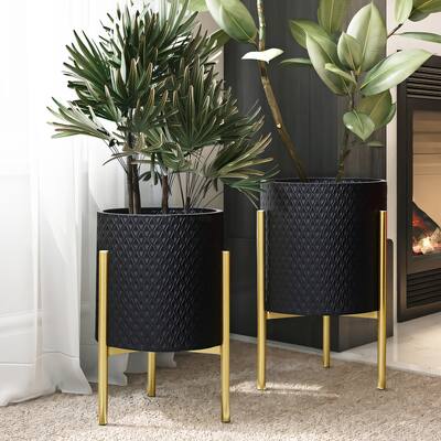 2-Piece Handmade Diamond Pattern Metal Pot Planter with Gold Stand Set