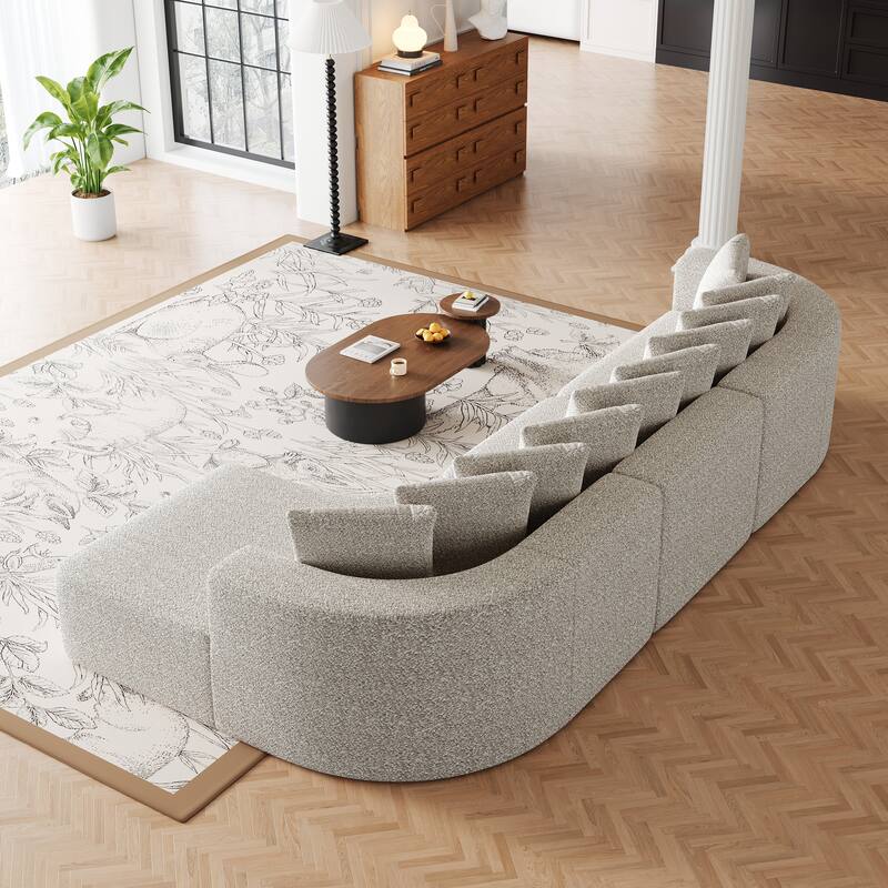 Living Room Chenille Corner Couch Curved Sectional Sofa with Chaise and 10 Pillows, Floor Standing Modular Compressed Sofa