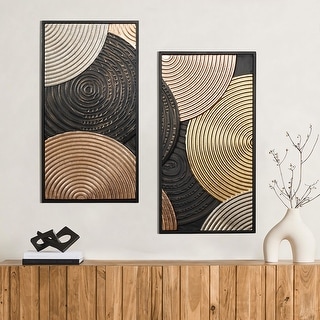Black and Gold Circles Abstract Metal Rectangluar Wall Decor (Set of 2