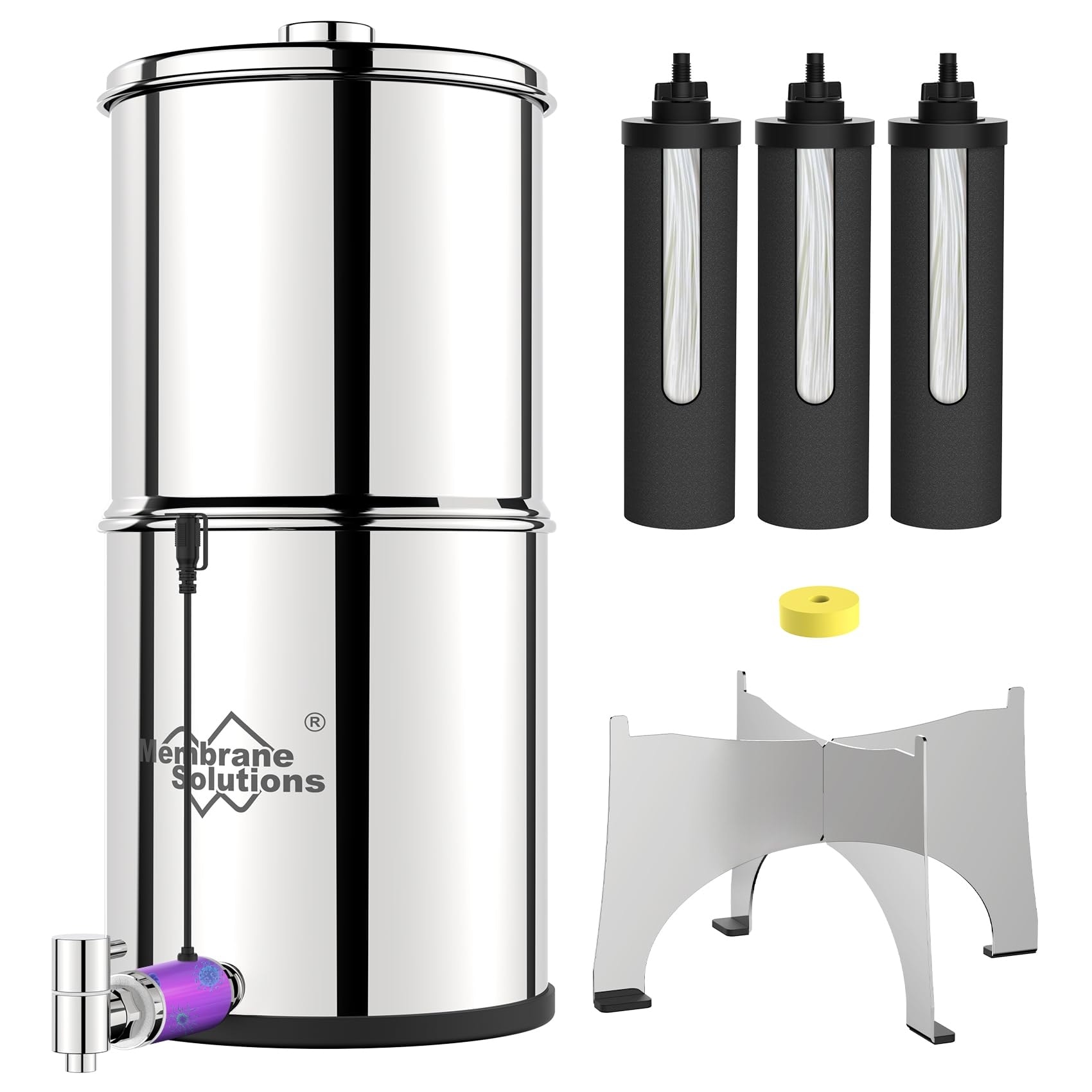 UV Countertop Water Filtration System, Stainless Steel 2.25G Gravity Water Filter with 3 Pack 0.1-Micron UF Filters - Silver