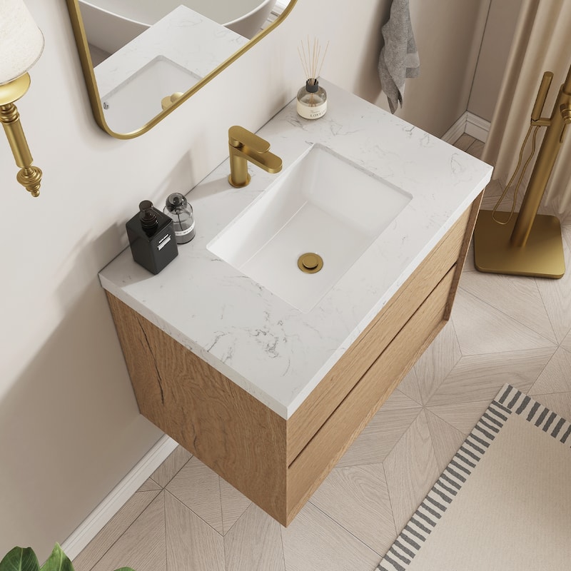 Sylphar 30 inch Bathroom Vanity with Sink, Floating Oak Cabinet with Stone Top
