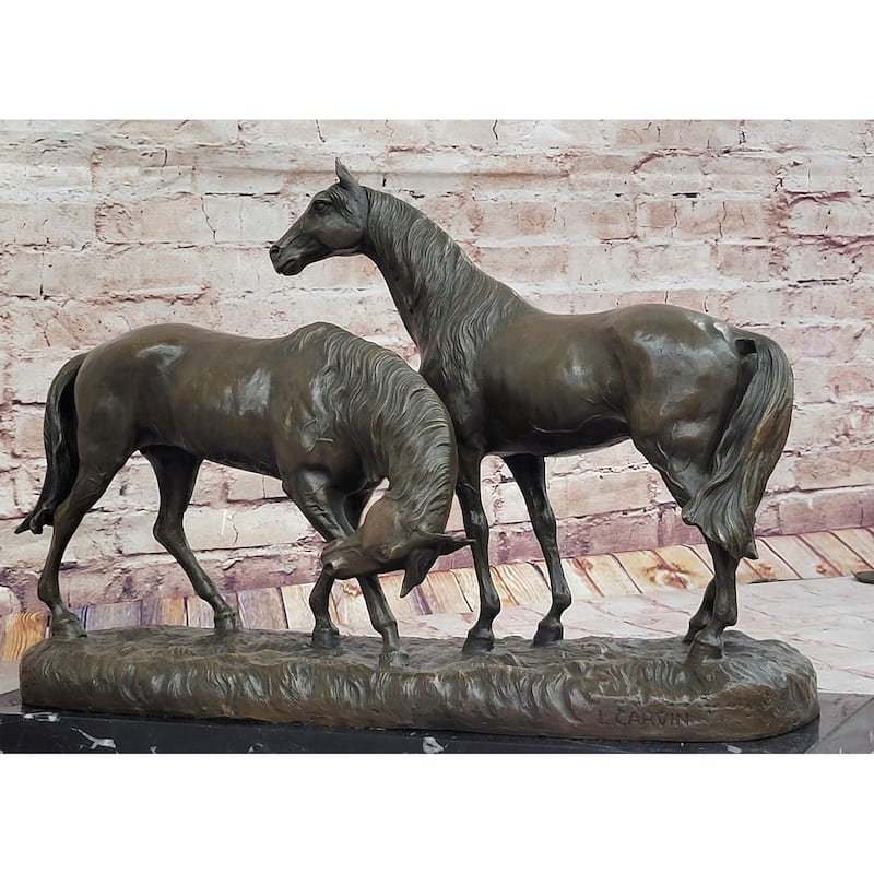 Necking Imitative Horses Equestrian Imitative Horse Lover Bronze Sculpture Statue Art Figure Marble Base
