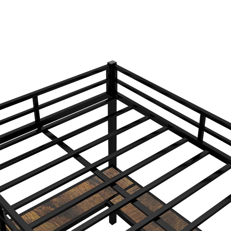 Full XL Metal Loft Bed with Desk and Shelves, Ladder and Guardrails, Space-Saving Bed Frame for Small Bedrooms, Black