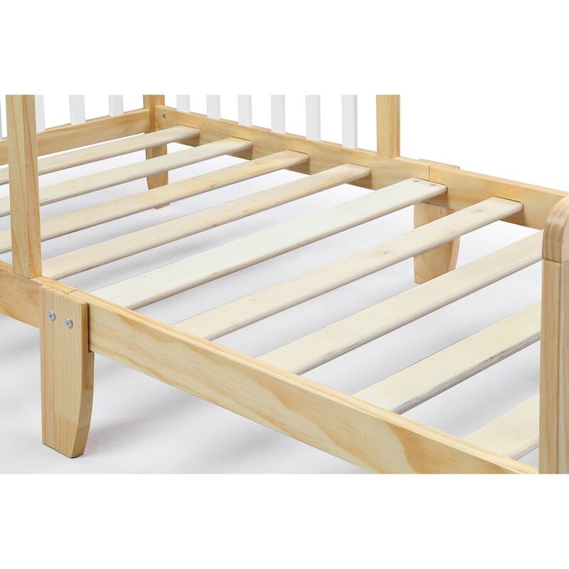 Birdie Toddler Bed in Dark Pink/White with Solid Wood Frame, Low Profile Footboard & Dual Safety Rails