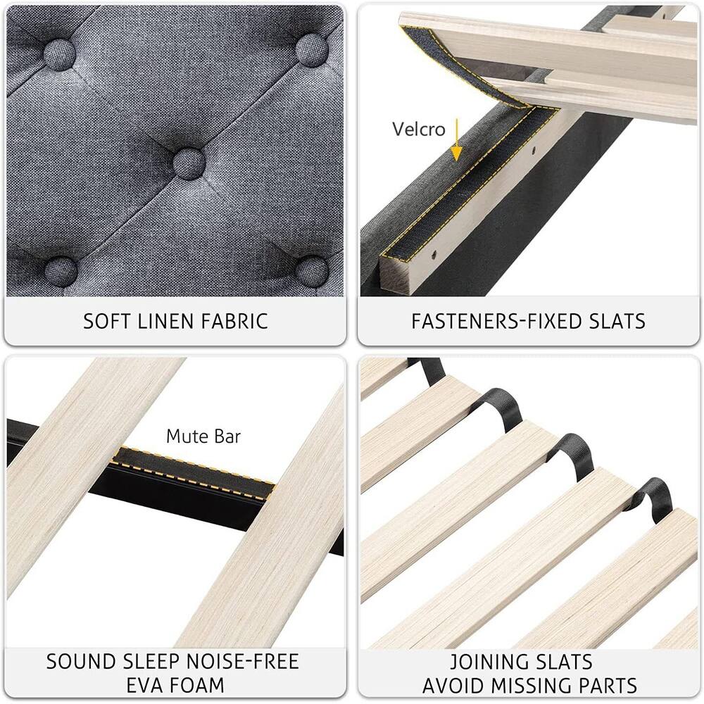 King Bed Frame with Diamond Button Adjustable Headboard, Light Grey