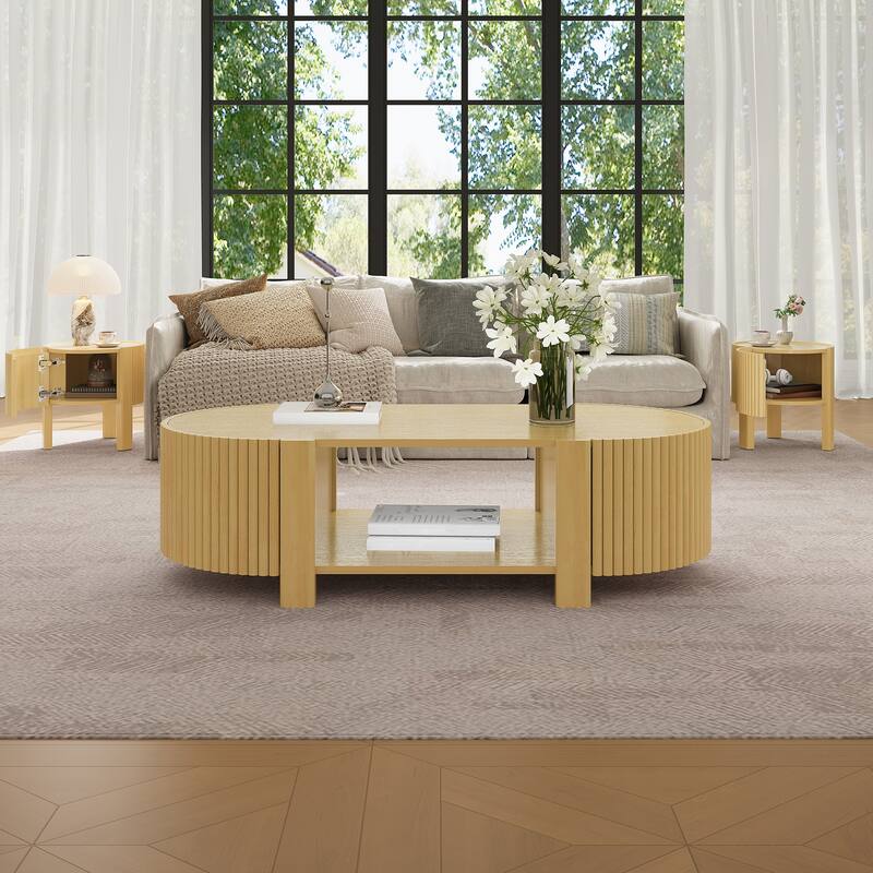 47" Oval Fluted Coffee Table with Storage, Rubber Wood, 1 Shelf & 2 Doors - Natural