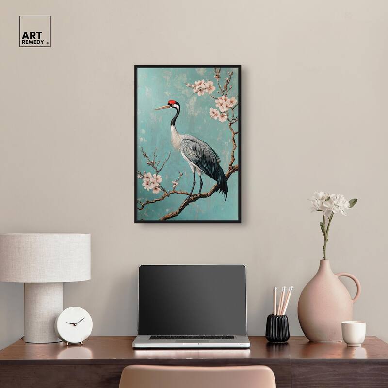 Crane in Blossom Canvas by Art Remedy