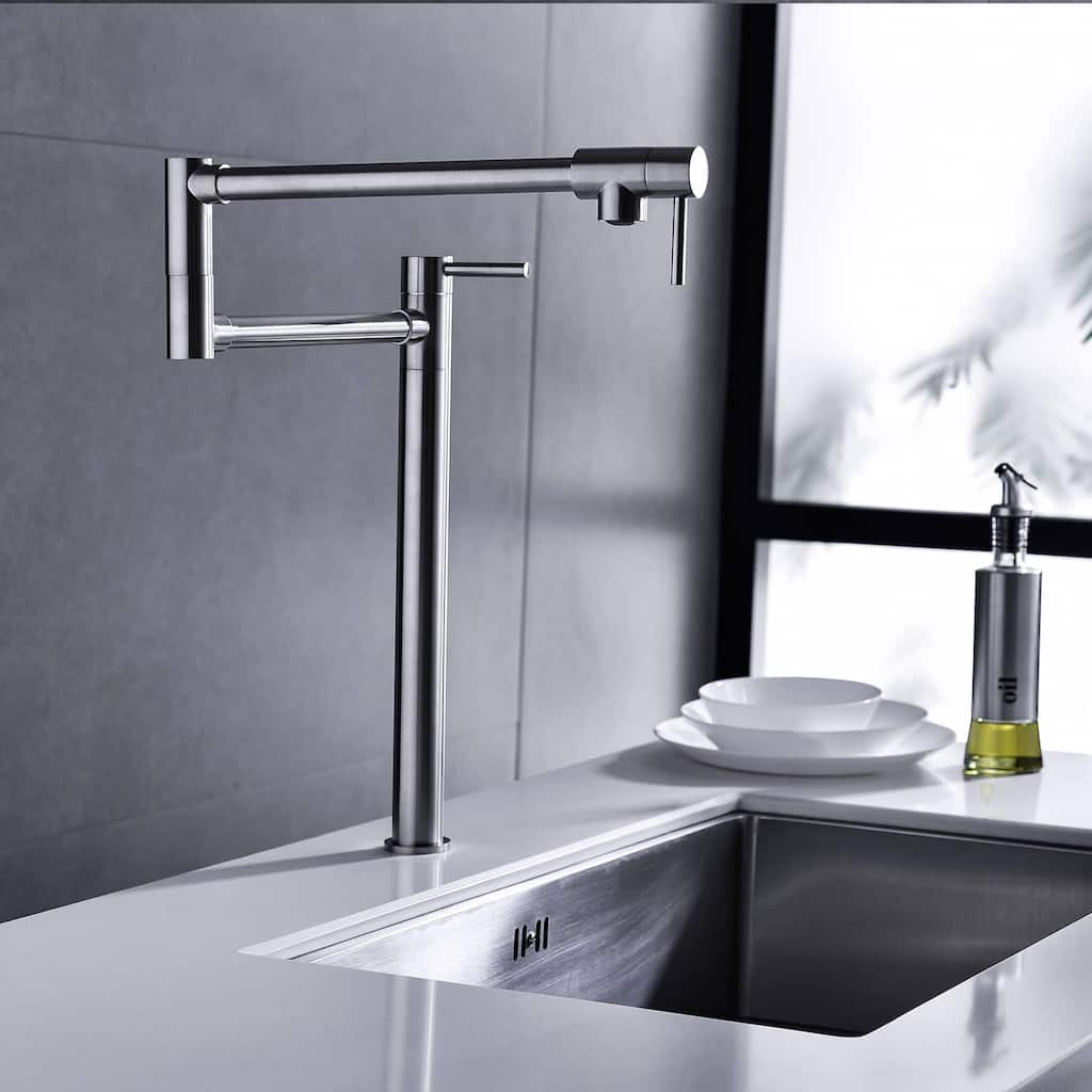 Kitchen Pot Filler Faucet Deck Mounted Double Joints Free Rotating Modern Countertop Retractable Commercial Single Hole Tap