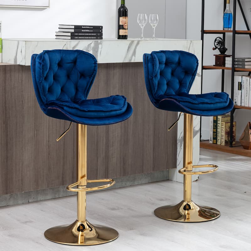Swivel Height Adjustable Velvet Bar Stools Set of 2,with Golden Footrest and Base