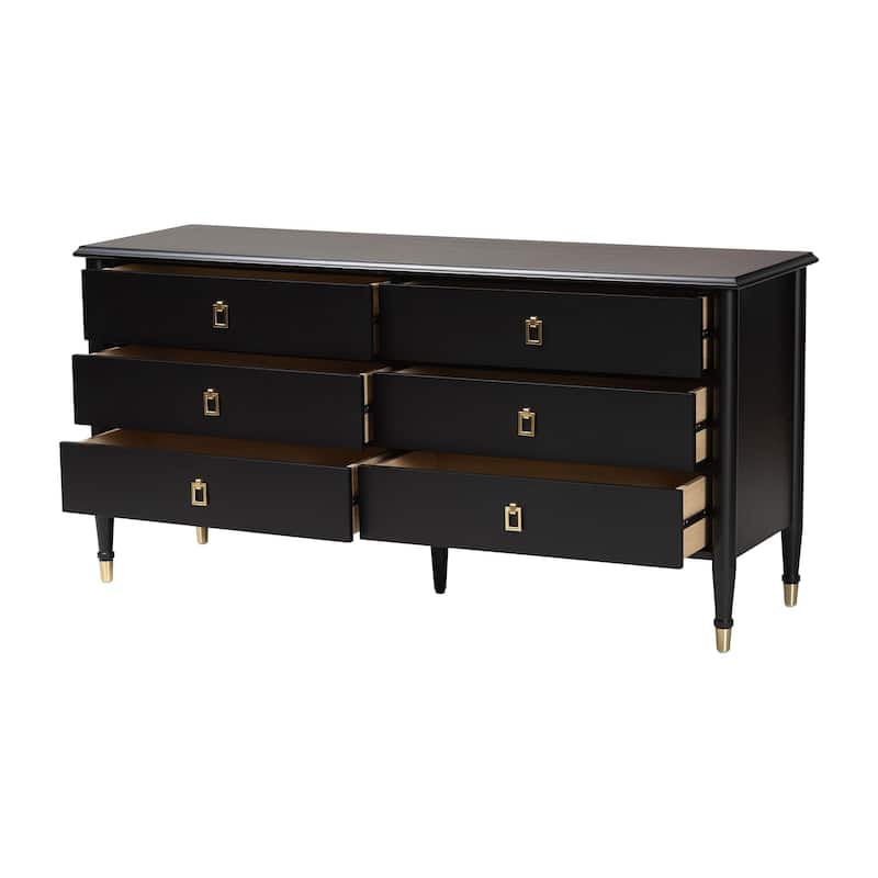 Tamra Black Wood Dresser with Drawers - Bedroom Storage Unit with Metallic Accents, 6-Drawer Modern Transitional Bedroom Storage